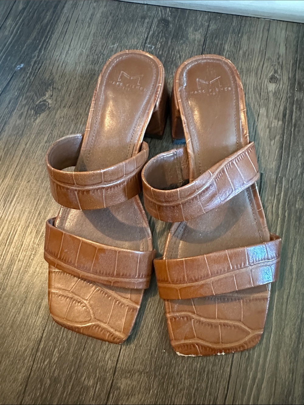 Marc Fisher Brown Croc-Embossed Double Strap Slide Heels